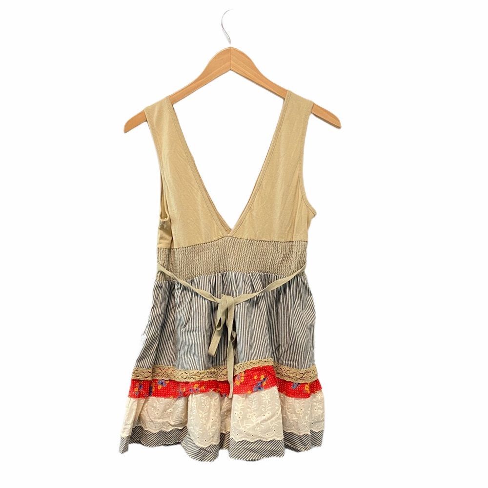 FREE PEOPLE Top BLouse V Neck Embroidered Stripe Plunge Neckline Boho Coastal - Picture 4 of 6